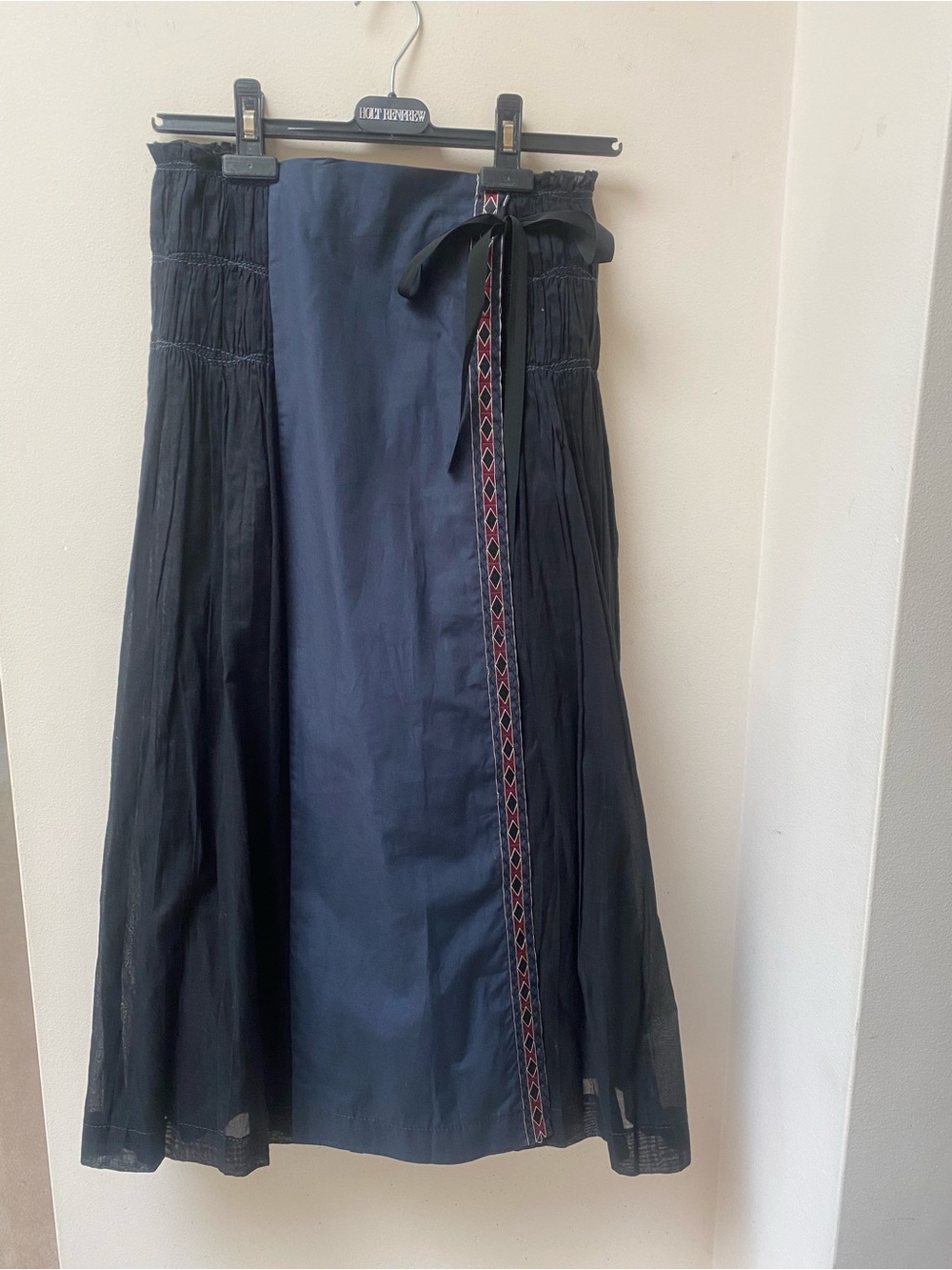 Philosophy Navy and Black Midi Wrap Skirt with Embroidered Side Trim